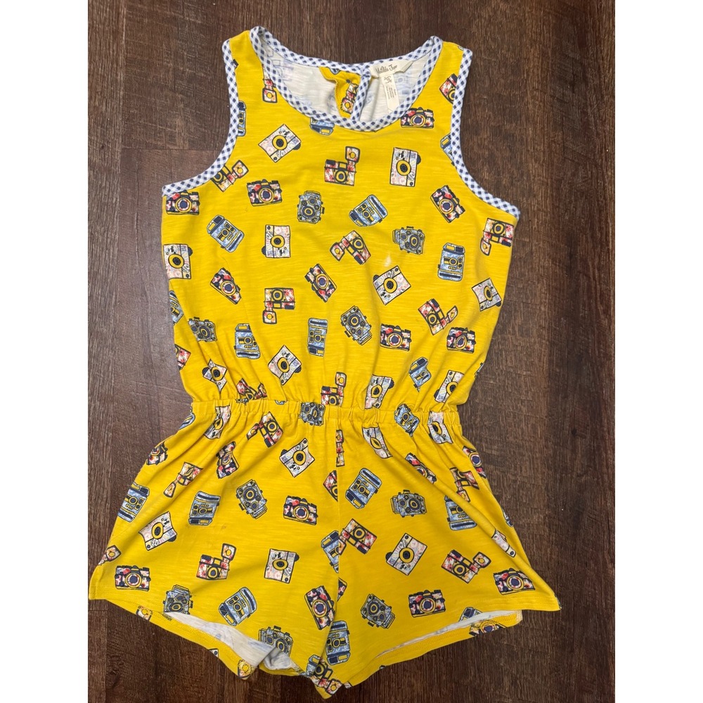 Matilda Jane Girls Camera Print Romper Size 10 Yellow Open Back Cotton